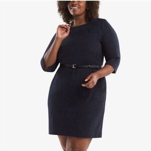 Elegant Navy Midi Sheath Dress with Slim Belt